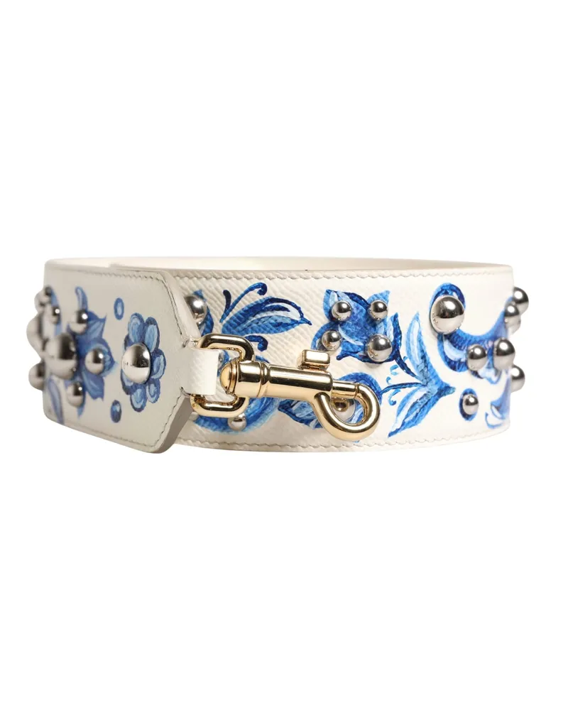Dolce & Gabbana Women's White Blue Floral Leather Stud Accessory Shoulder Strap Calf White