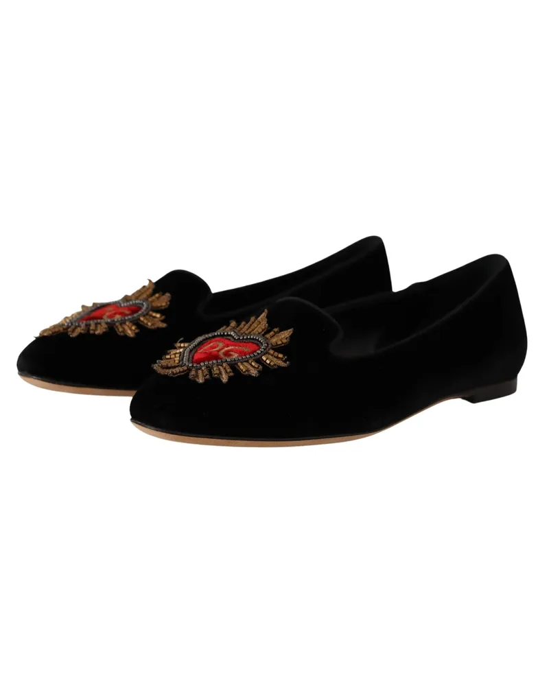 Dolce & Gabbana Women's Black Dg Sacred Heart Patch Slip On Flat Shoes Leather Black