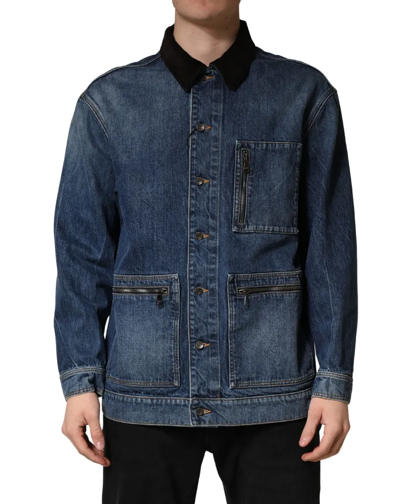 Dolce & Gabbana Black Blue Cotton Denim Blouson Men Jacket And Clothing Blue