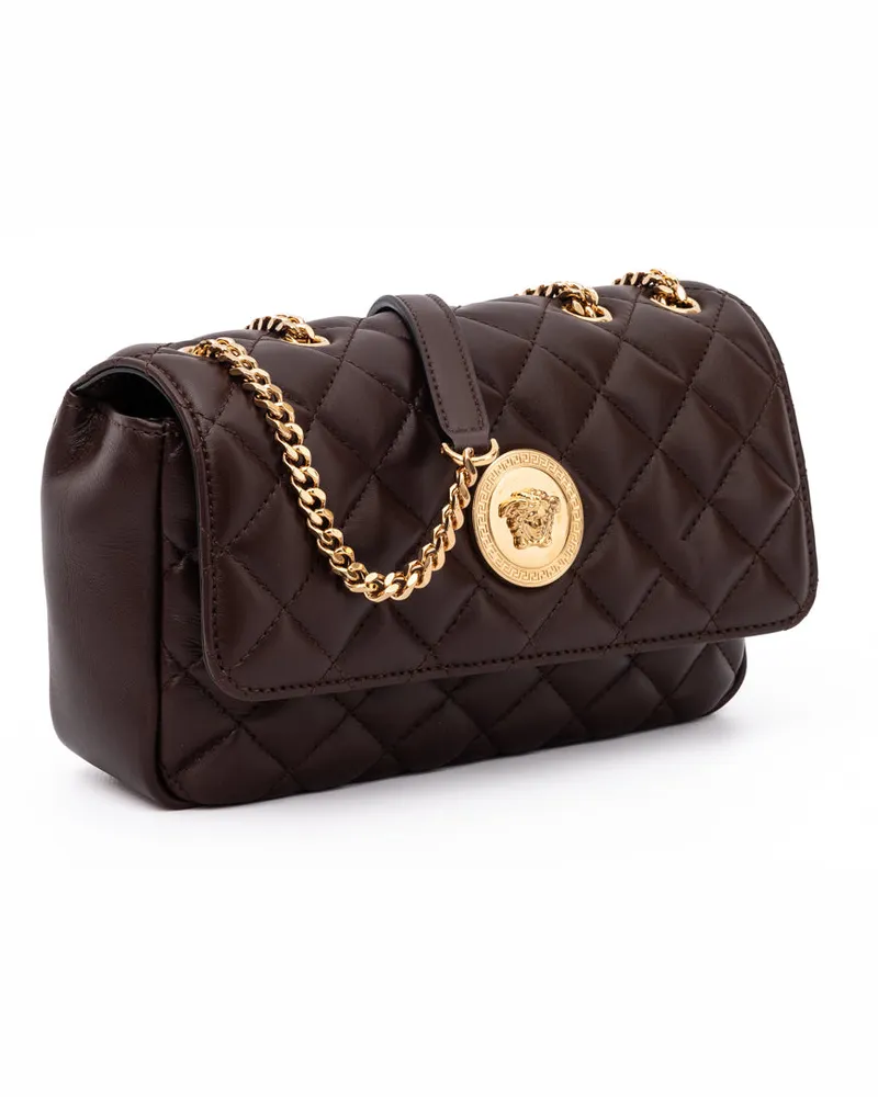 Versace Women's Brown Quilted Leather Shoulder Strap Bag Beige Brown