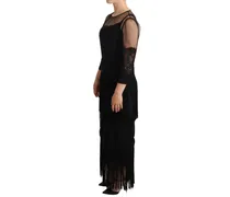 Women's Black Sheer Floral Lace Crystal Maxi Dress