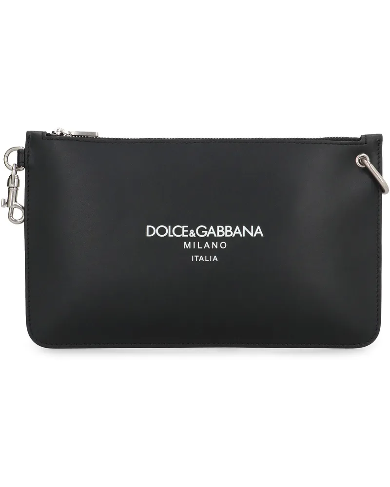 Dolce & Gabbana Men's Leather Flat Pouch Black Calf Clutch Bags Black