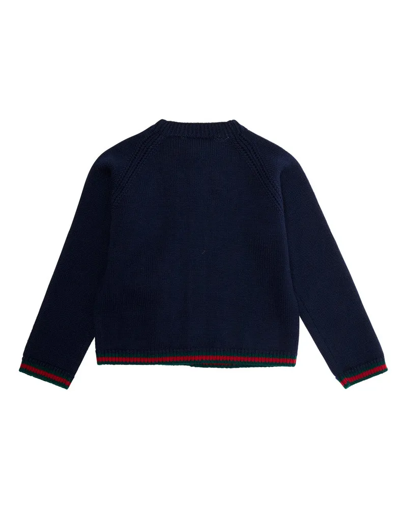 Gucci Unisex Blue Cardigan With Intarsia Design Wool Tops Top Navy
