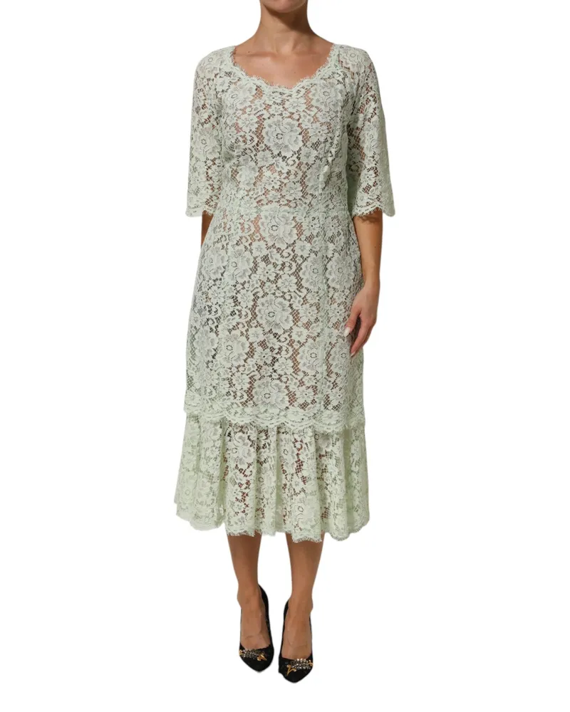Dolce & Gabbana Women's Mint Green Floral Lace Trim Midi Dress Co+pa+vi Green