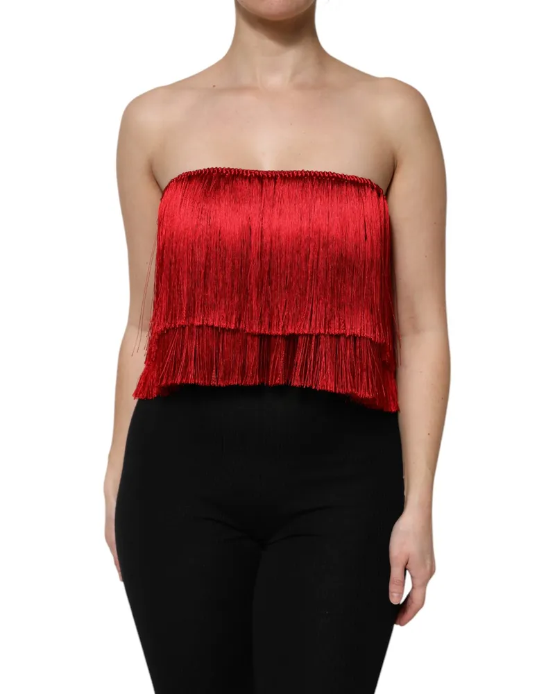 Dolce & Gabbana Women Red Silk Strapless Fringe Crop Tube Top Elastane Red