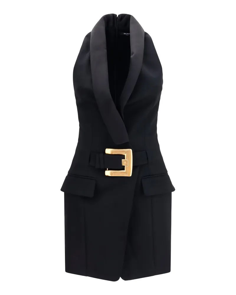 Balmain Women's Dress Grain De Poudre Belted Black Black-Black Merino Wool Black/black Black