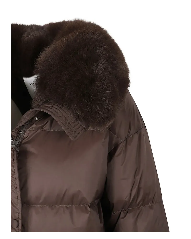 Yves Salomon Fur-Trimmed Down Jacket — Brown Brown
