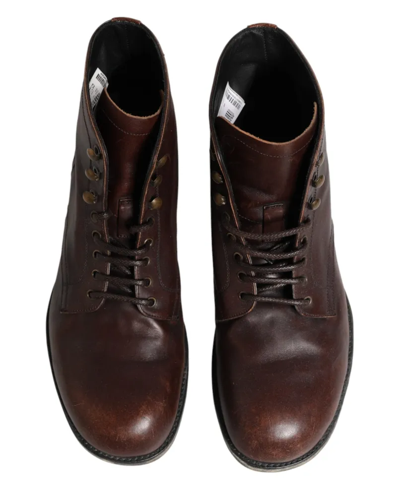 Dolce & Gabbana Brown Lace Up Short Ankle Boots Men Shoes Leather Brown