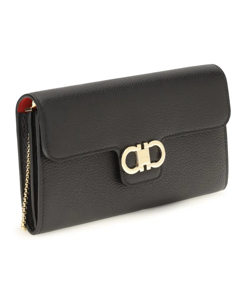 Ferragamo Women's Gancini Wallet With Shoulder Strap Black Calf Leather Bos Taurus Black