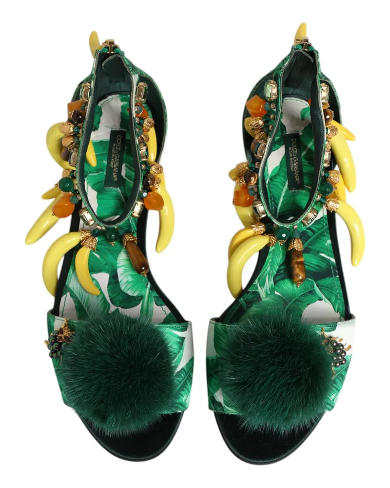 Dolce & Gabbana Women's Green Mink Fur Satin Banana Leaf Sandals Shoes Silk Hay Green