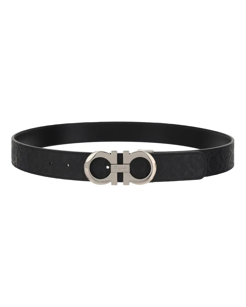 Ferragamo Men's Reversible And Adjustable Leather Belt Patterned Black Calf Bos Taurus E Braces Black