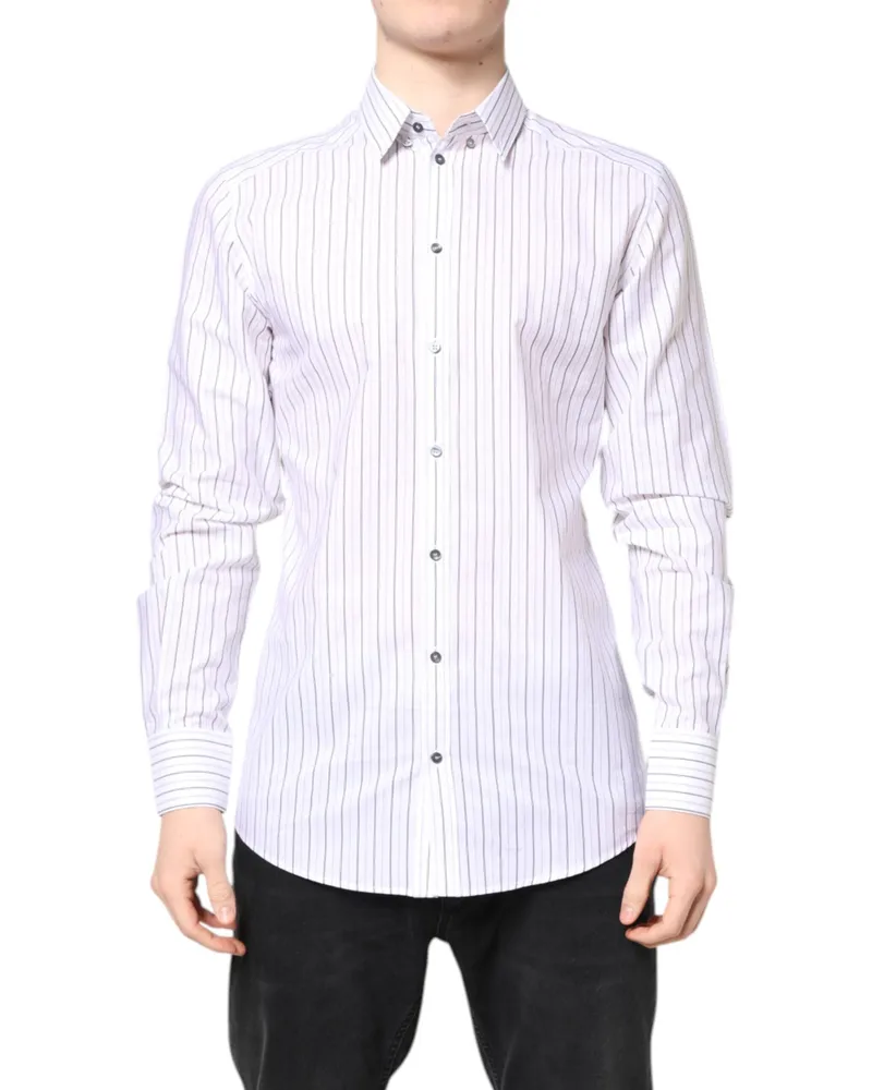 Dolce & Gabbana Men's White Stripes Cotton Gold Formal Dress Shirt White