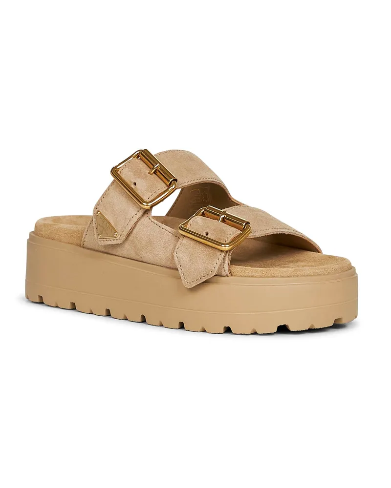 Prada Women's Ecru Suede Leather Double-Strap Sandals Calf Beige