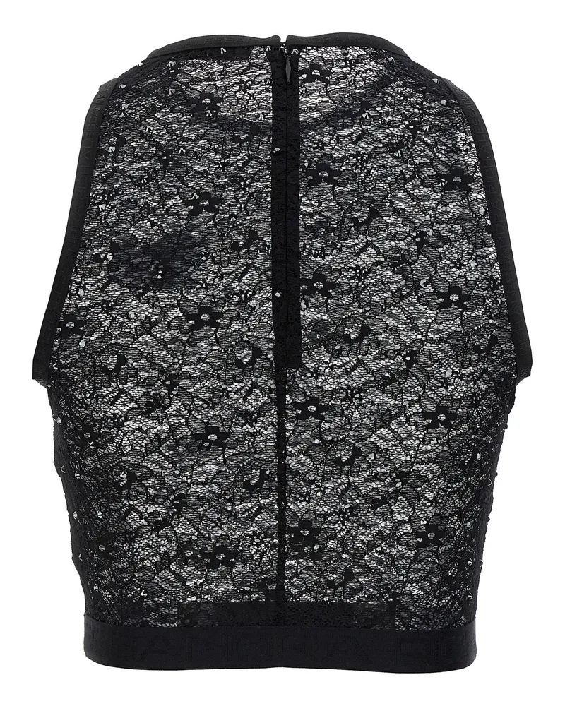 Alessandra Rich Rhinestone-Embellished Lace Tank Top — Black Black
