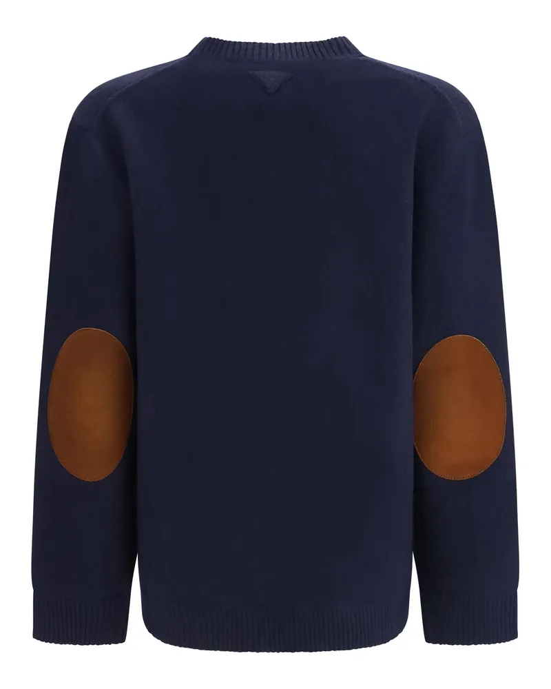 Prada Women's Crewneck Sweater With Suede Elbow Patches Blue Fleece Wool (ovis Aries) Sweatshirts Blue