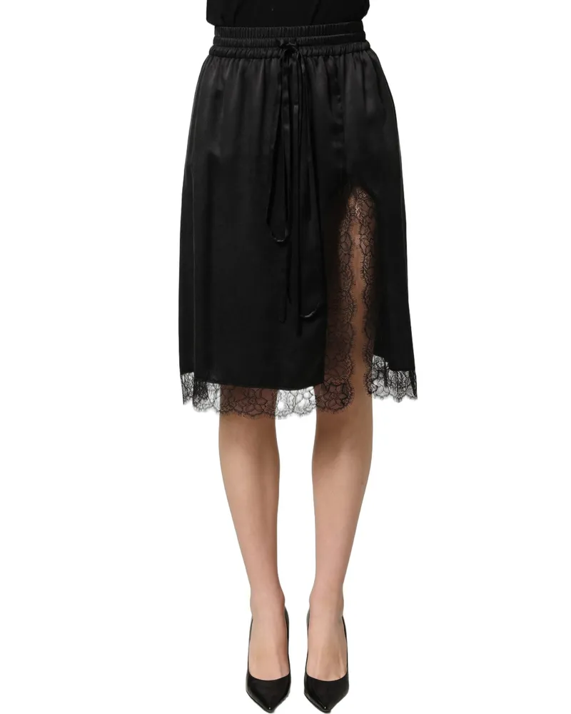 Dolce & Gabbana Women Black Lace Trimmed Satin Side Slit Skirt Silk Black