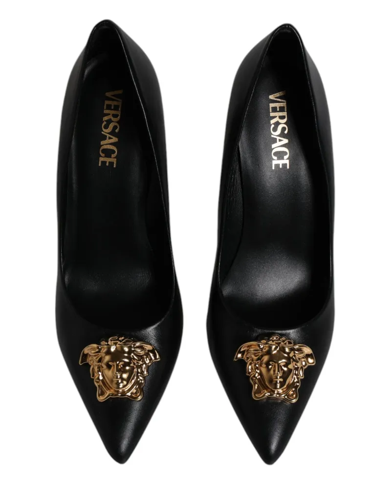 Versace Women's Black Leather Logo Plaque High Heels Pumps Shoes Calf Black