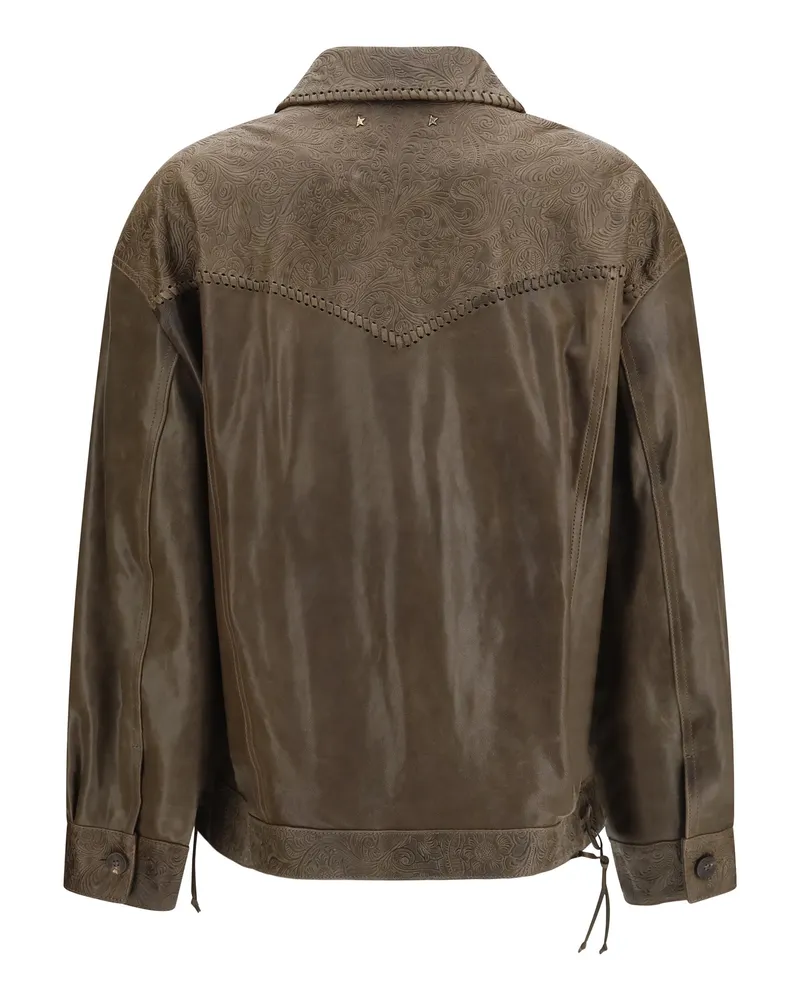 Golden Goose Women's Babete Leather Jacket With Embossed Details Mud Green Calf Bos Taurus Green