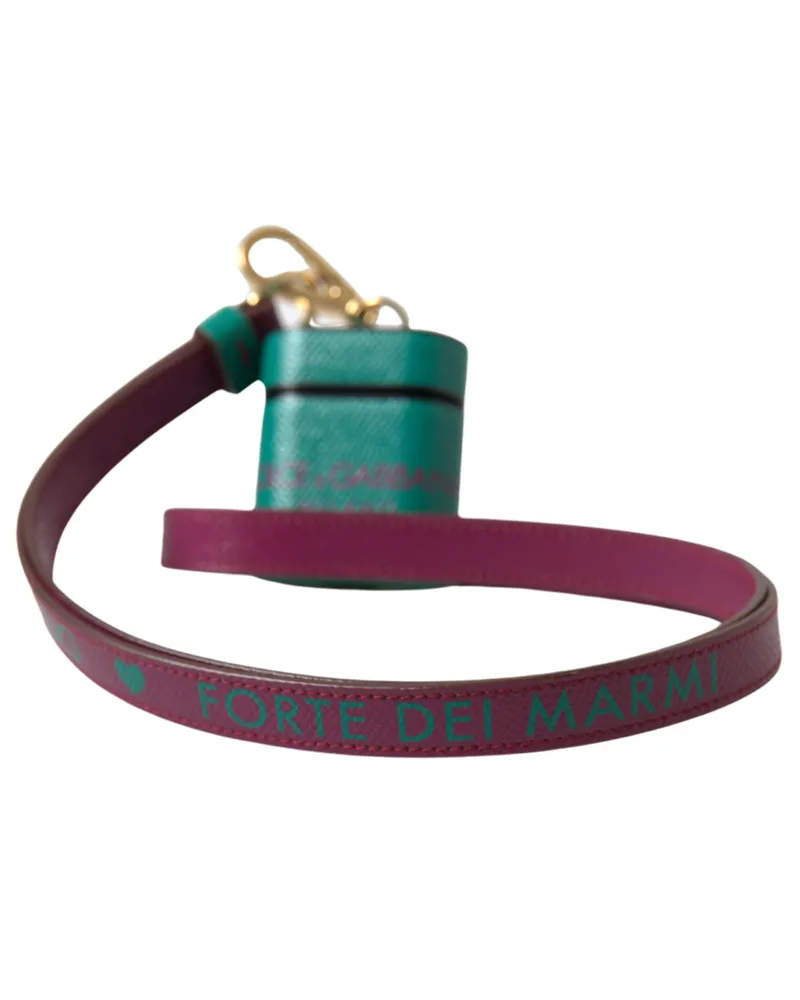 Dolce & Gabbana Women's Green Maroon Calf Leather Logo Print Strap Airpods Case Accessory Green