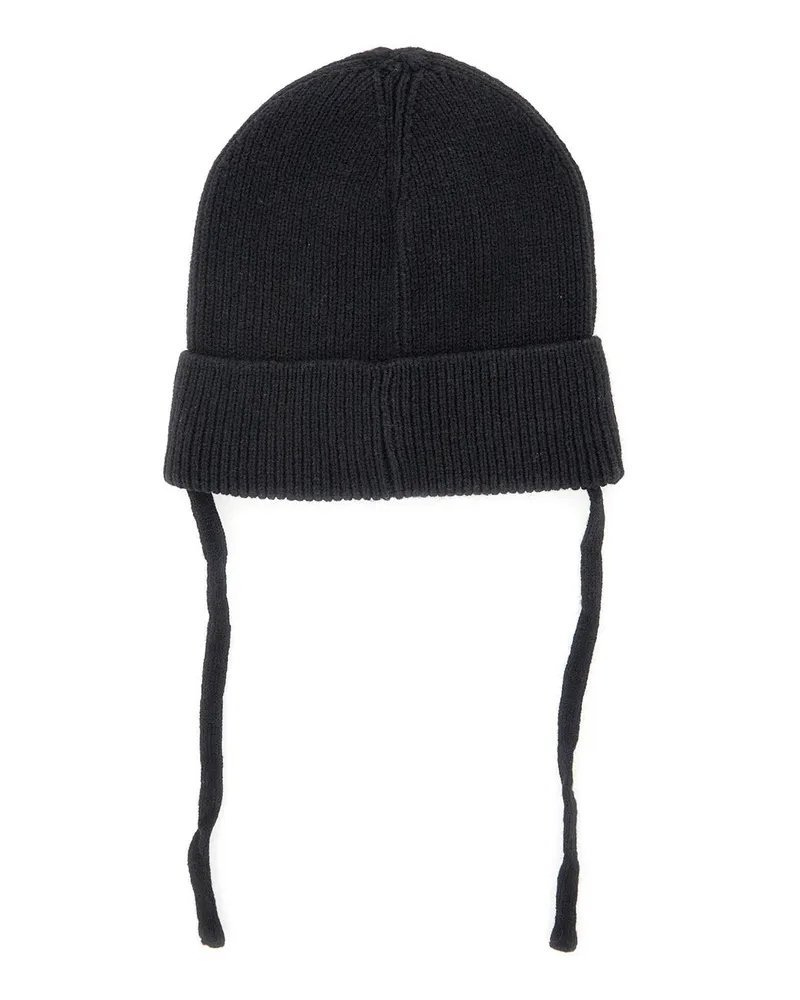Mini Rodini Unisex Black Beanie With Drawstring And Logo Patch Wool Blend Hat Black