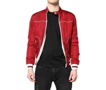 Red White Nylon Full Zip Men Bomber Jacket Clothing