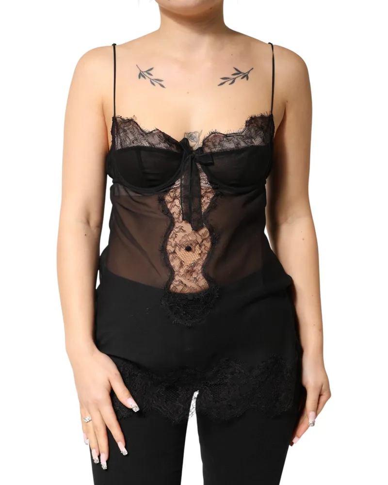 Dolce & Gabbana Women's Black Silk Floral Lace Chemise Lingerie Top 04+pa+se+vi Black