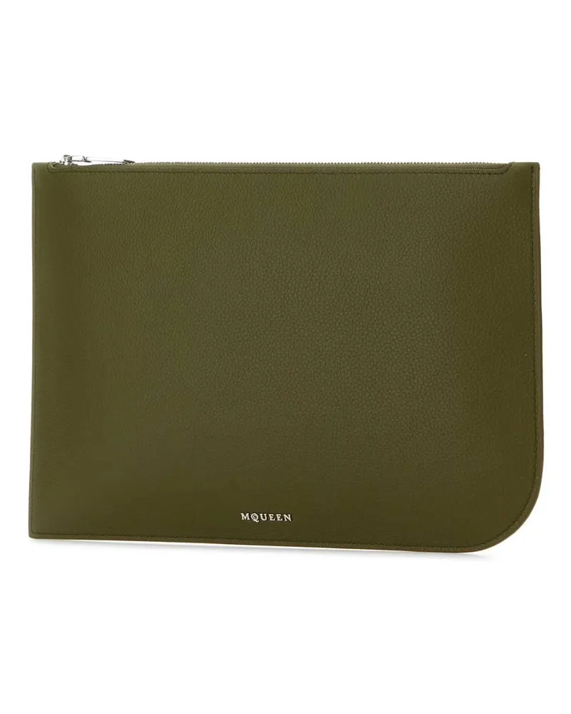 Alexander McQueen Men's Olive Green Leather Large Sling Pouch Militarysilver Beauty Case Green