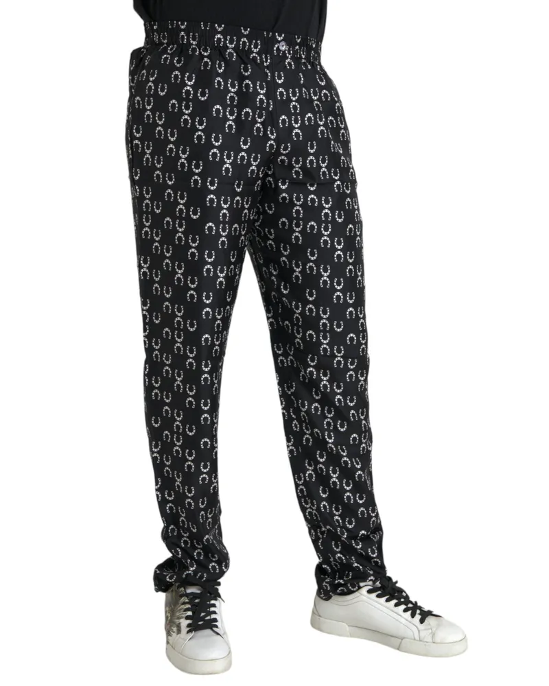 Dolce & Gabbana Men's Black Horseshoe Print Silk Pants Black