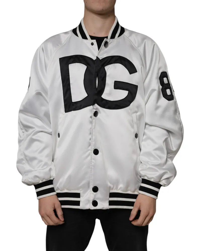 Dolce & Gabbana Men's White Polyester Logo Full Zip Bomber Jacket Black And Clothing White