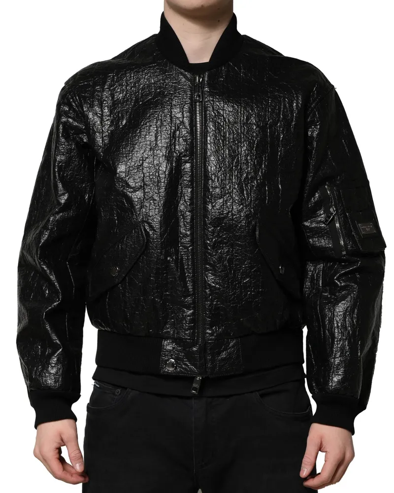 Dolce & Gabbana Men Black Logo Plaque Bomber Full Zipper Jacket Cellulose Poly Lactic Acid Clothing Black