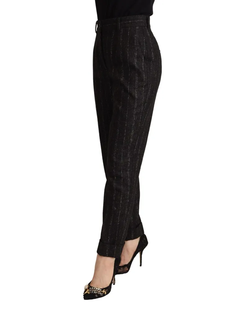 Dolce & Gabbana Women's Black Striped High Waist Tapered Pants Alpaca Cotton Nylon Black