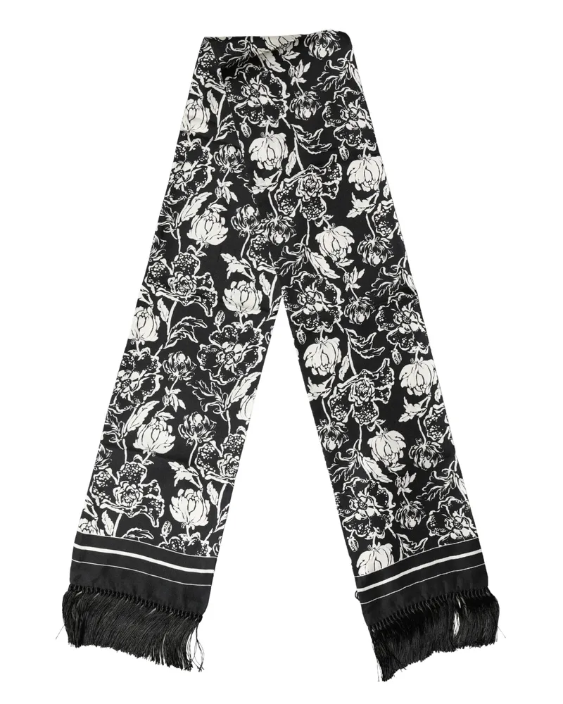 Dolce & Gabbana Men's Black White Silk Floral Print Fringe 136cm X 15.5cm Scarf And Black