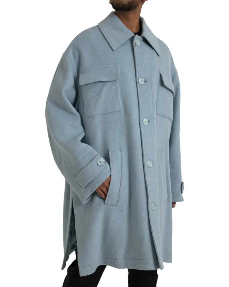 Dolce & Gabbana Men's Light Blue Wool Button Trench Coat Jacket Virgin Clothing Blue