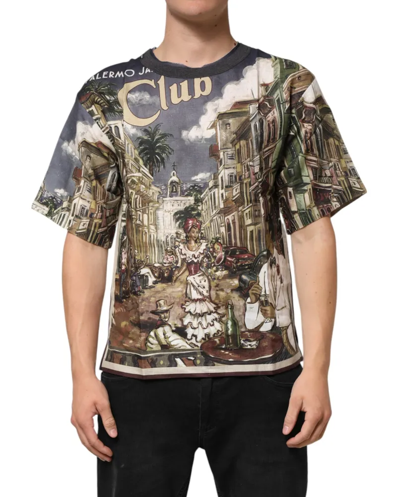 Dolce & Gabbana Palermo Jazz Club Linen Crew Neck Men T-Shirt Multicolor