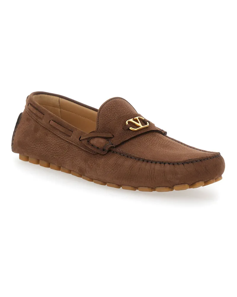Valentino Garavani Men's Brown Suede Loafers With Vlogo Plaque Calf Brown