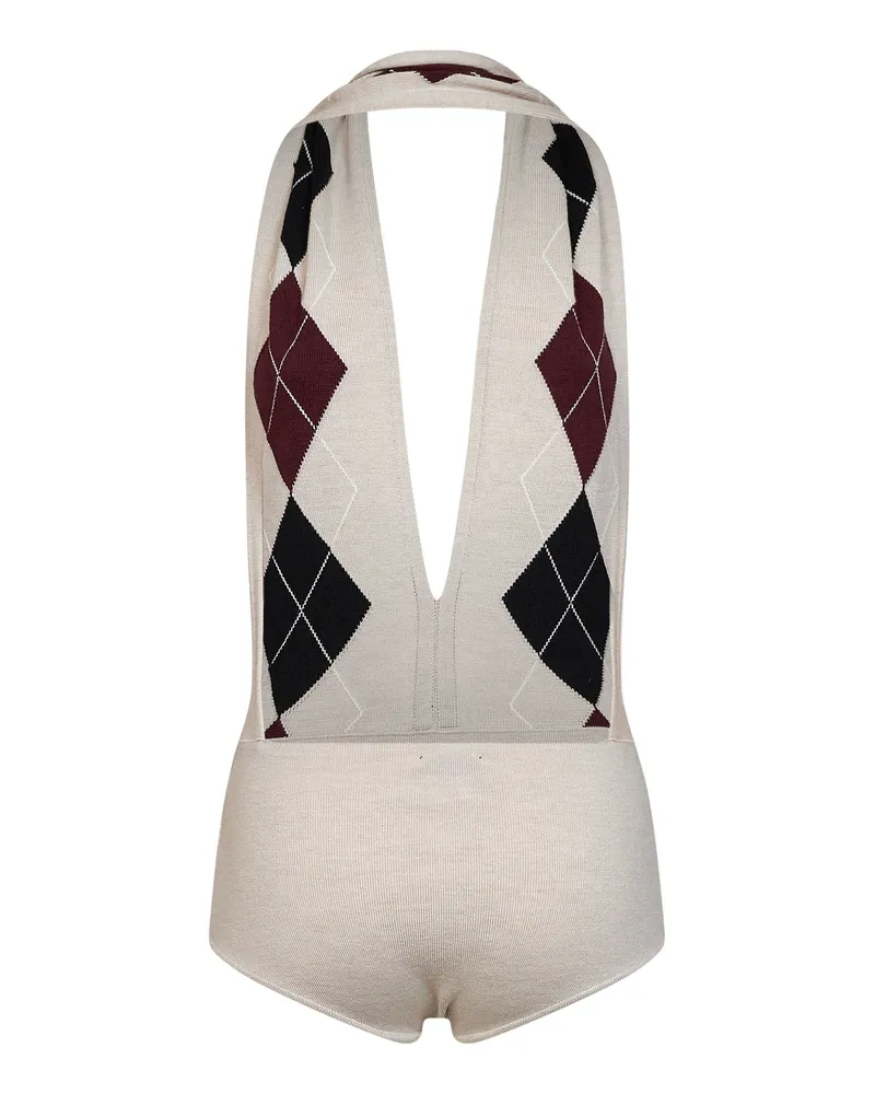 Thierry Mugler Intarsia Argyle Virgin Wool Bodysuit — Beige Beige