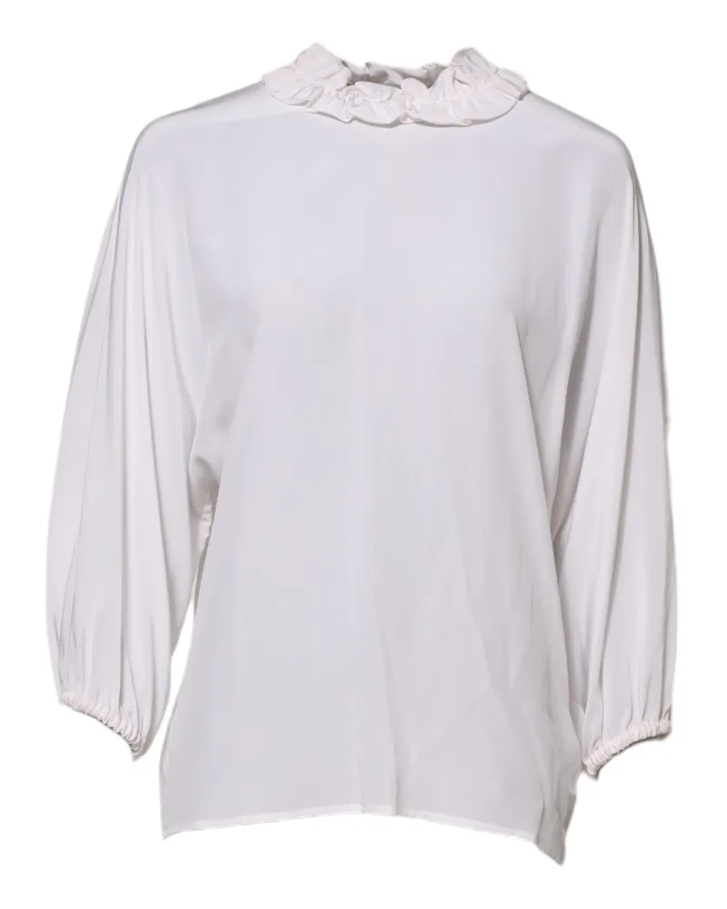 Dolce & Gabbana Women's White Ruffled Neckline Blouse Pullover Top Silk White