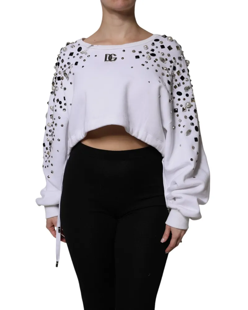 Dolce & Gabbana Women White Embellished Long Sleeve Cropped Sweater Cotton Clothing White
