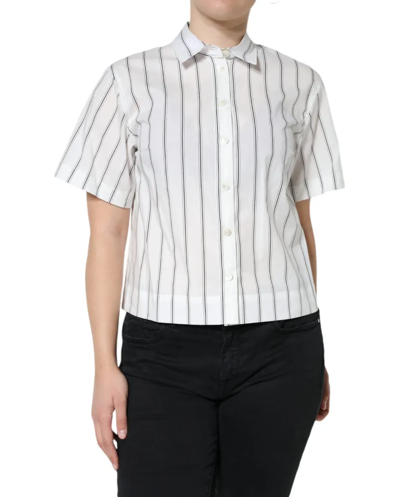 Dolce & Gabbana Women's White Striped Collared Short Sleeve Polo Top Cotton White