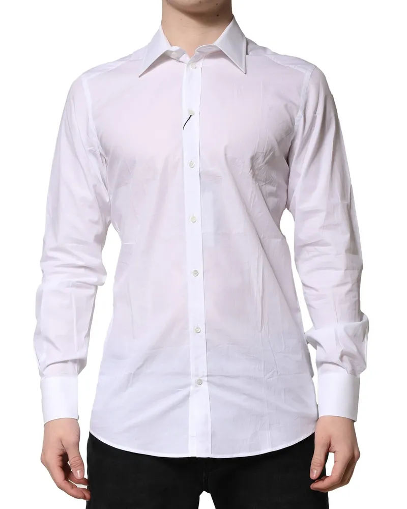 Dolce & Gabbana Men's White Cotton Long Sleeves Gold Formal Shirt White