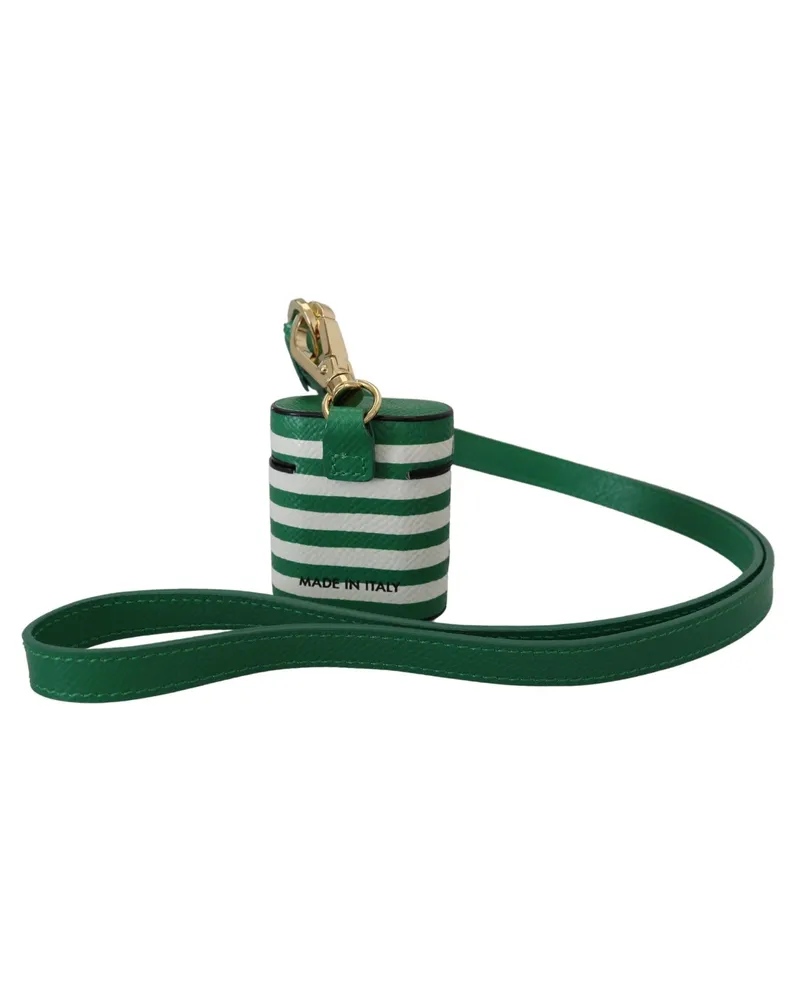 Dolce & Gabbana Women's Green Leather Strap Gold Metal Logo Airpods Case Accessory Green
