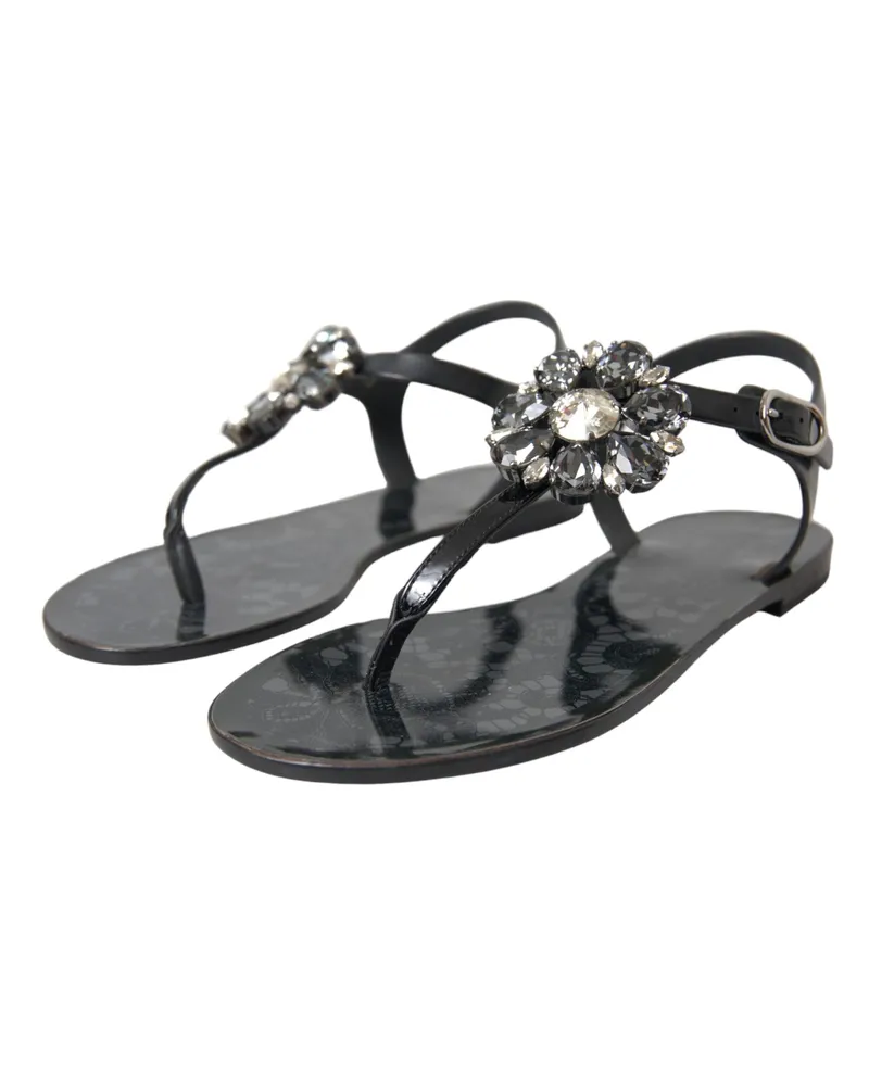 Dolce & Gabbana Women's Black Crystal Flats Sandals Flip Flops Shoes Rubber Leather Black
