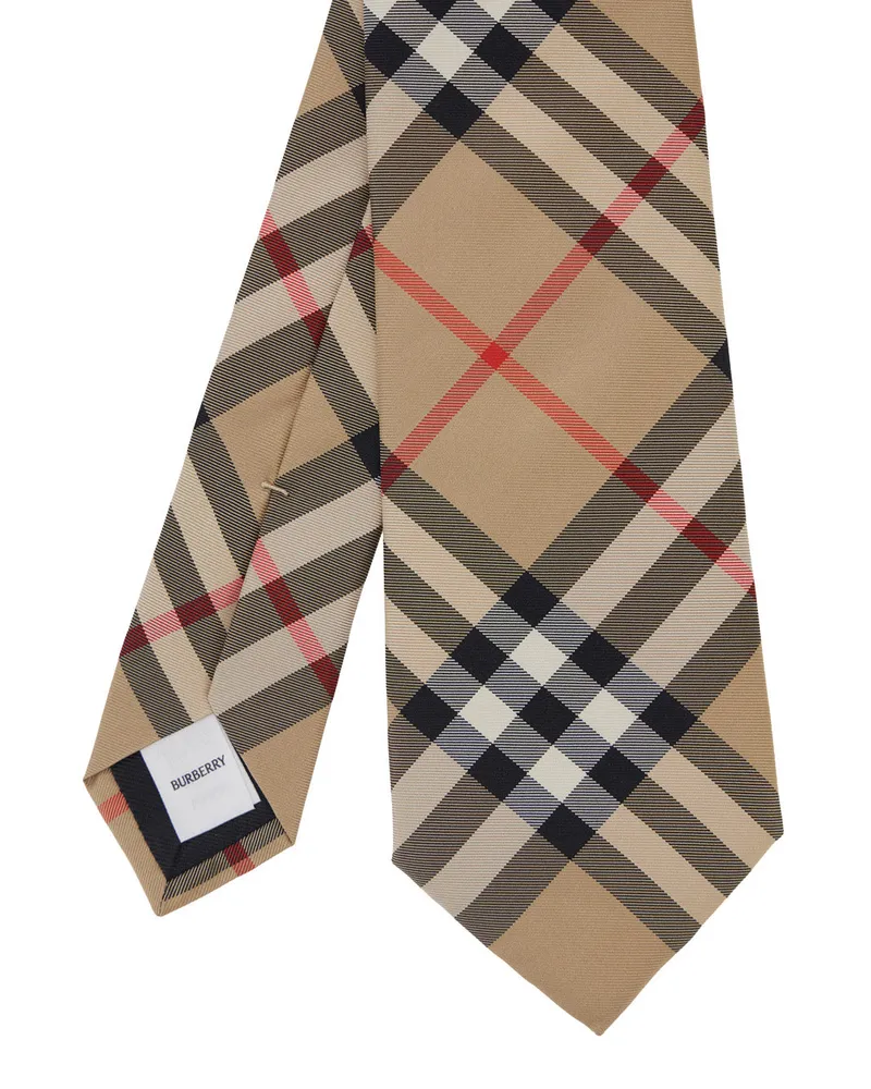Burberry Men's Tie With Check Motif, Beige Silk Ties & Bow Beige