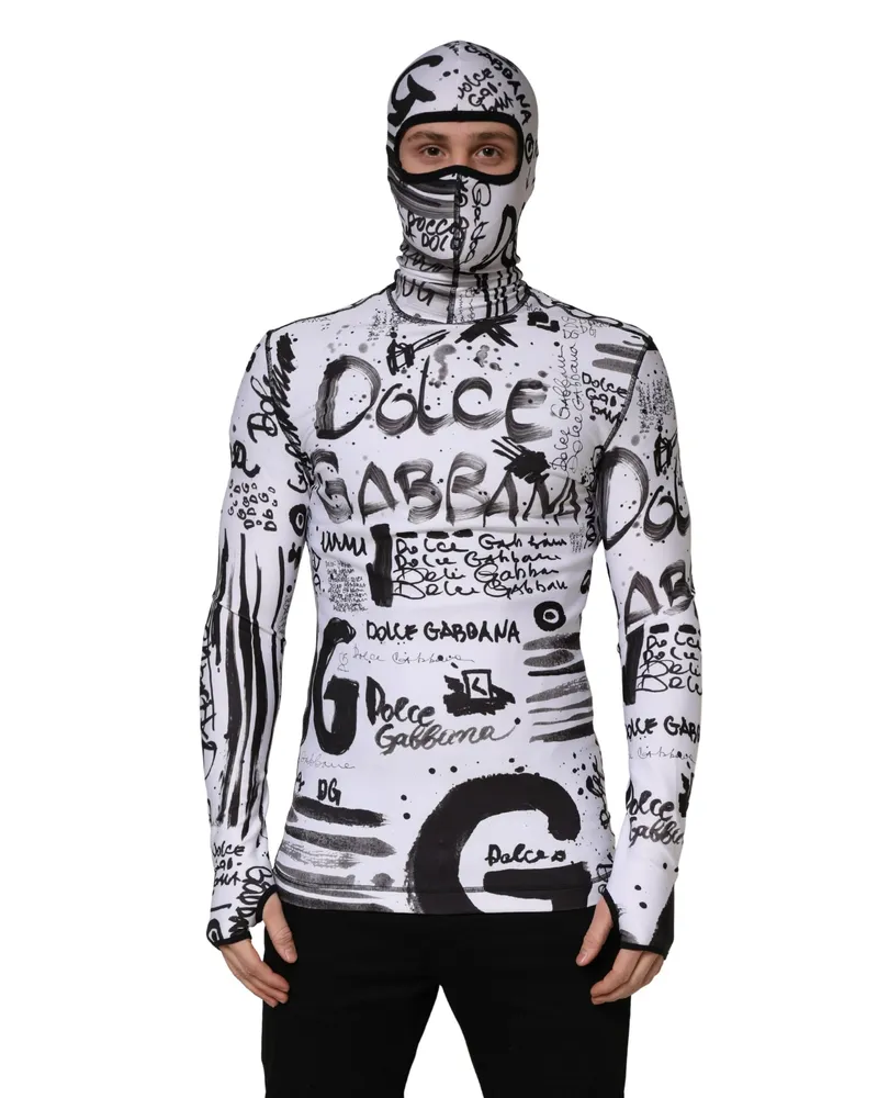 Dolce & Gabbana Men's White Jersey Graffiti Print Balaclava Hood Sweater Polyester Elastane Clothing White