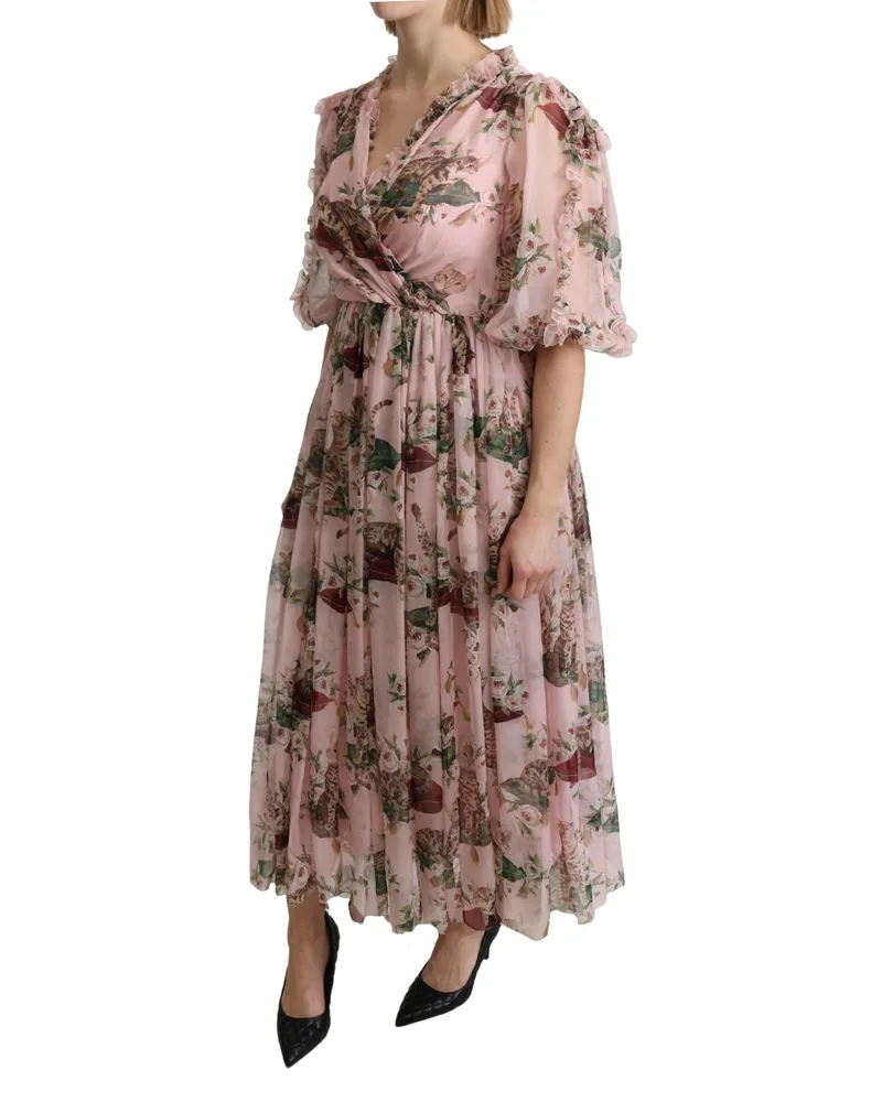 Dolce & Gabbana Women's Pink Bengal Cat Print A-Line Maxi Silk Dress Pink