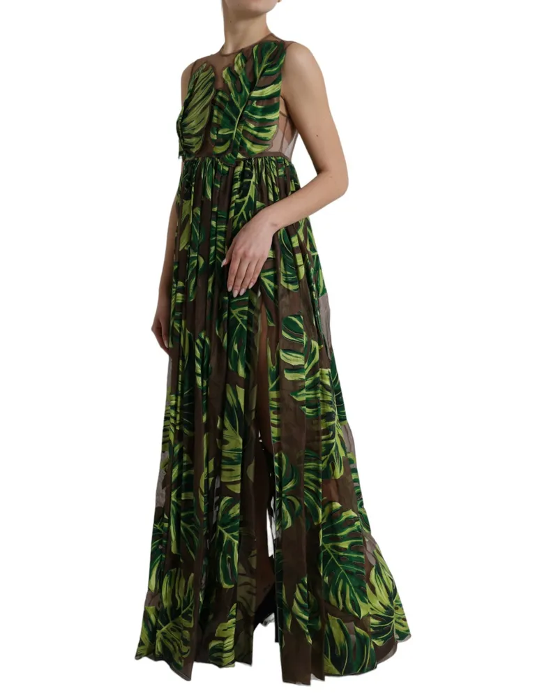 Dolce & Gabbana Women Green Banana Leaf Sleeveless Long Maxi Dress Silk Nylon Green