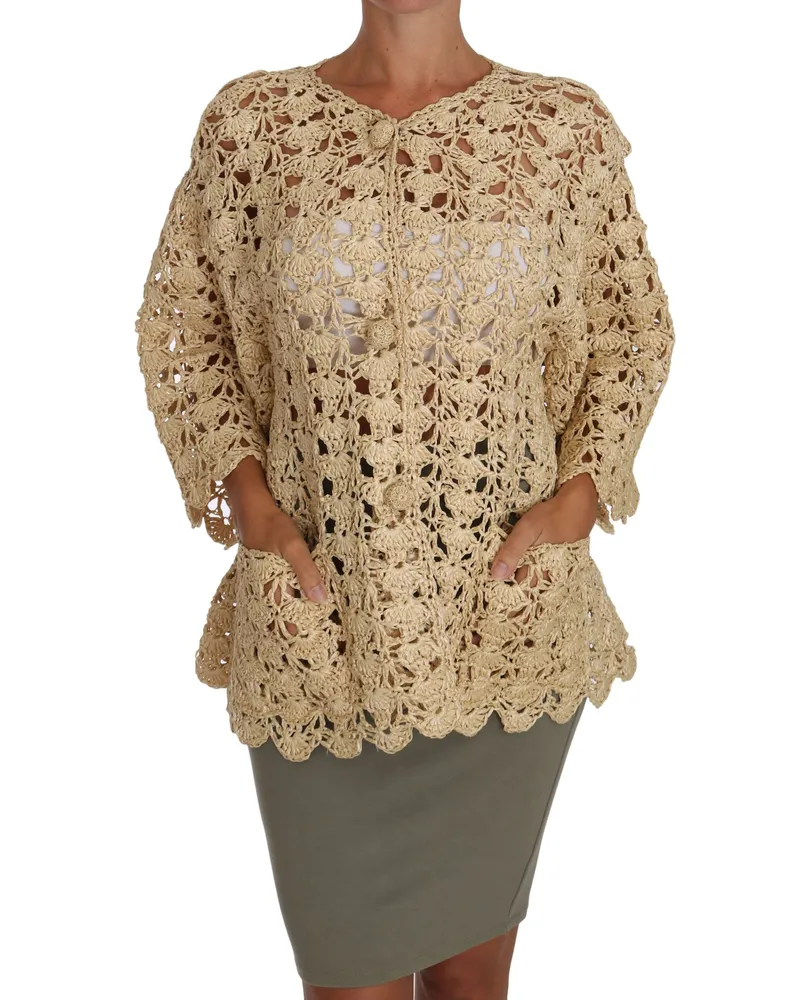 Dolce & Gabbana Women Beige Cardigan Crochet Knitted Raffia Sweater Viscose Clothing Beige