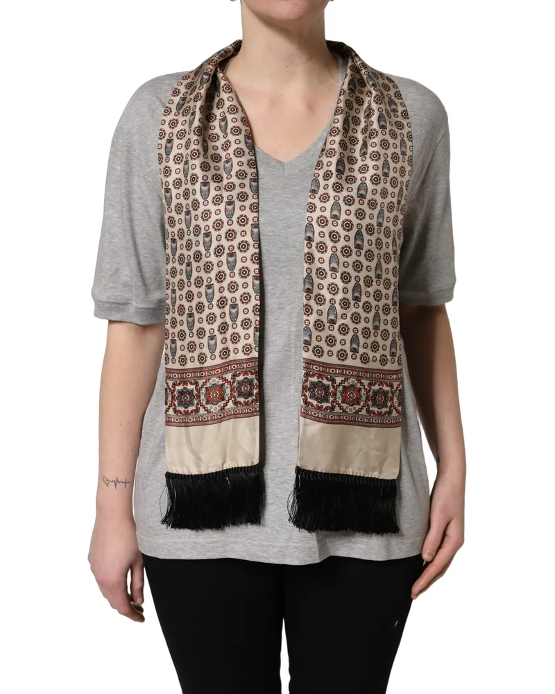 Dolce & Gabbana Women's Gray Cotton V-Neck Owl Silk Scarf Top T-Shirt Gray