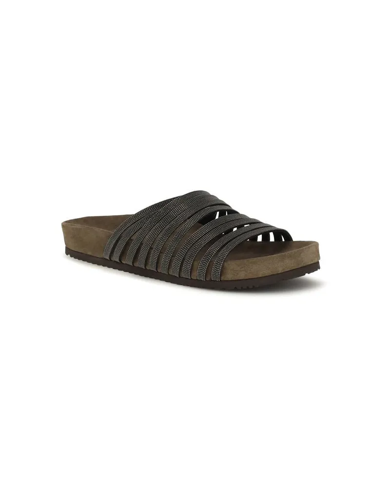 Brunello Cucinelli Women's Black Calf Leather Bos Taurus Flat Sandals Black