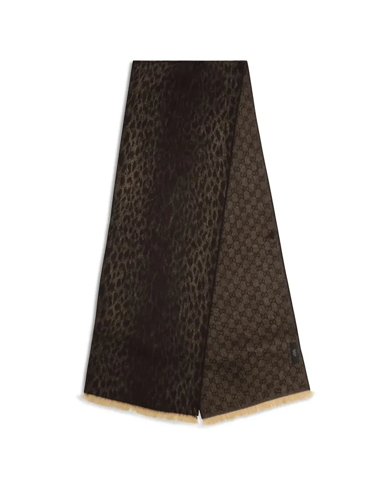 Gucci Reversible Leopard-Print Wool Scarf — Brown Brown